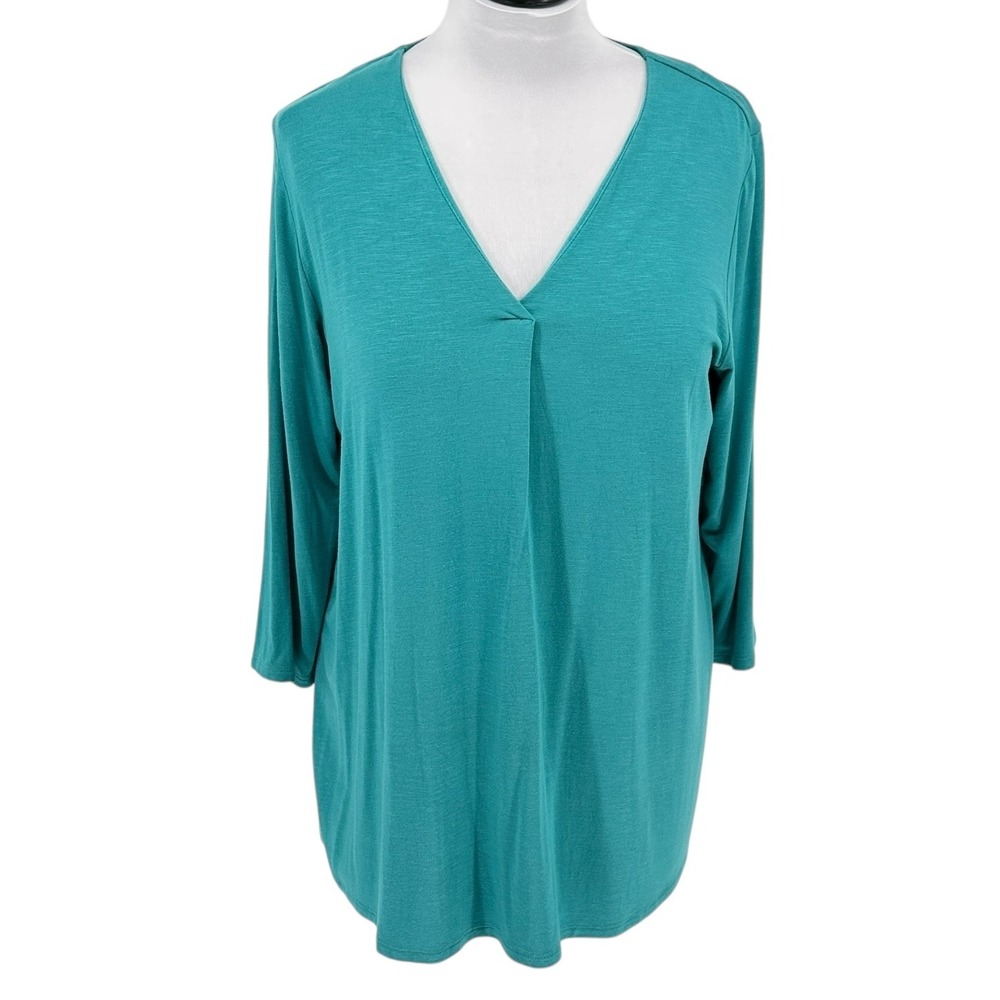J Jill Wearever Collection Slub‎ Knit Teal Blue V Neck 3/4 Sleeve Tunic Top SZ L